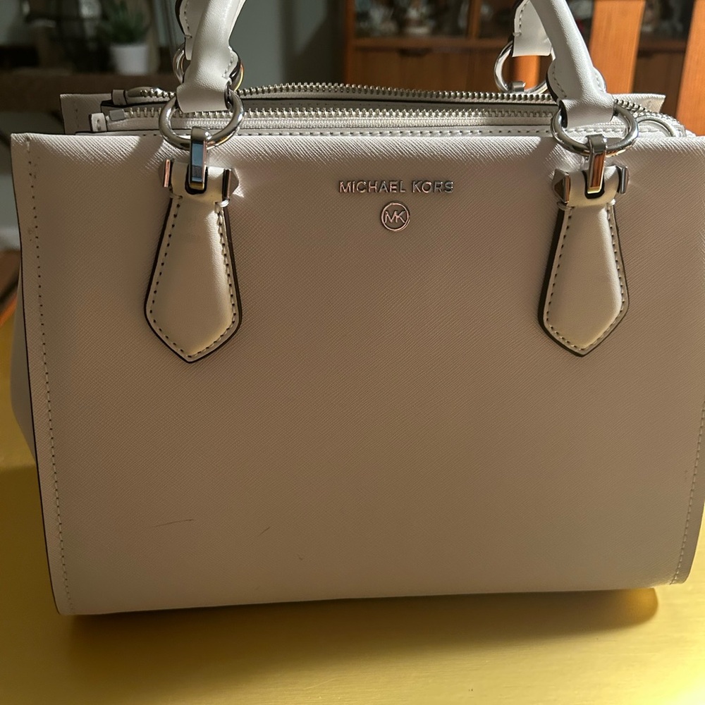 New Michael Kors Cream Satchel with Structured Design and Silver Hardware